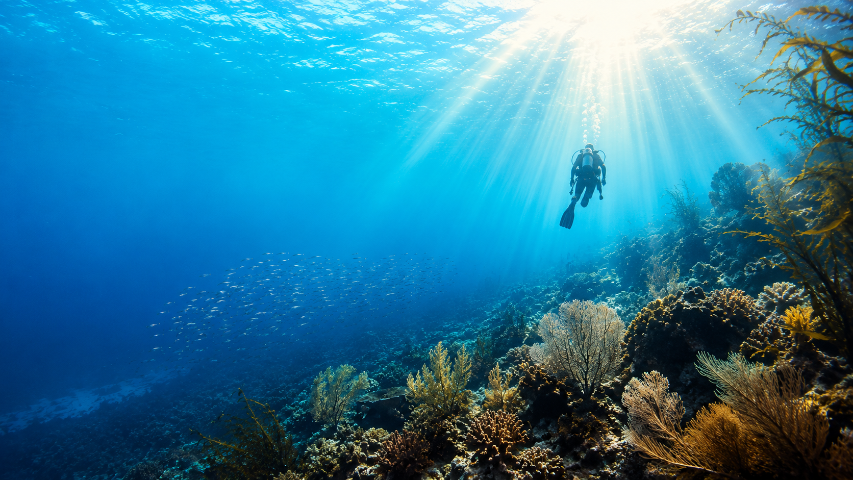 Underwater ocean scene with golden sunlight rays piercing through clear cerulean water