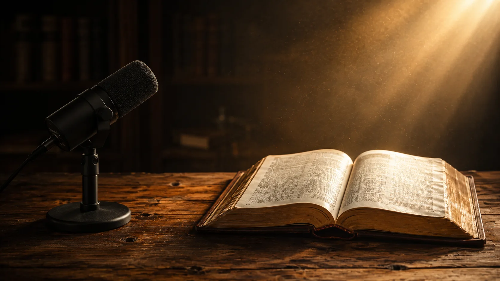 Open Bible resting on a wooden desk with warm golden sunlight streaming across the pages — visual marker for the One Tiny Mustard Seed media and resources page