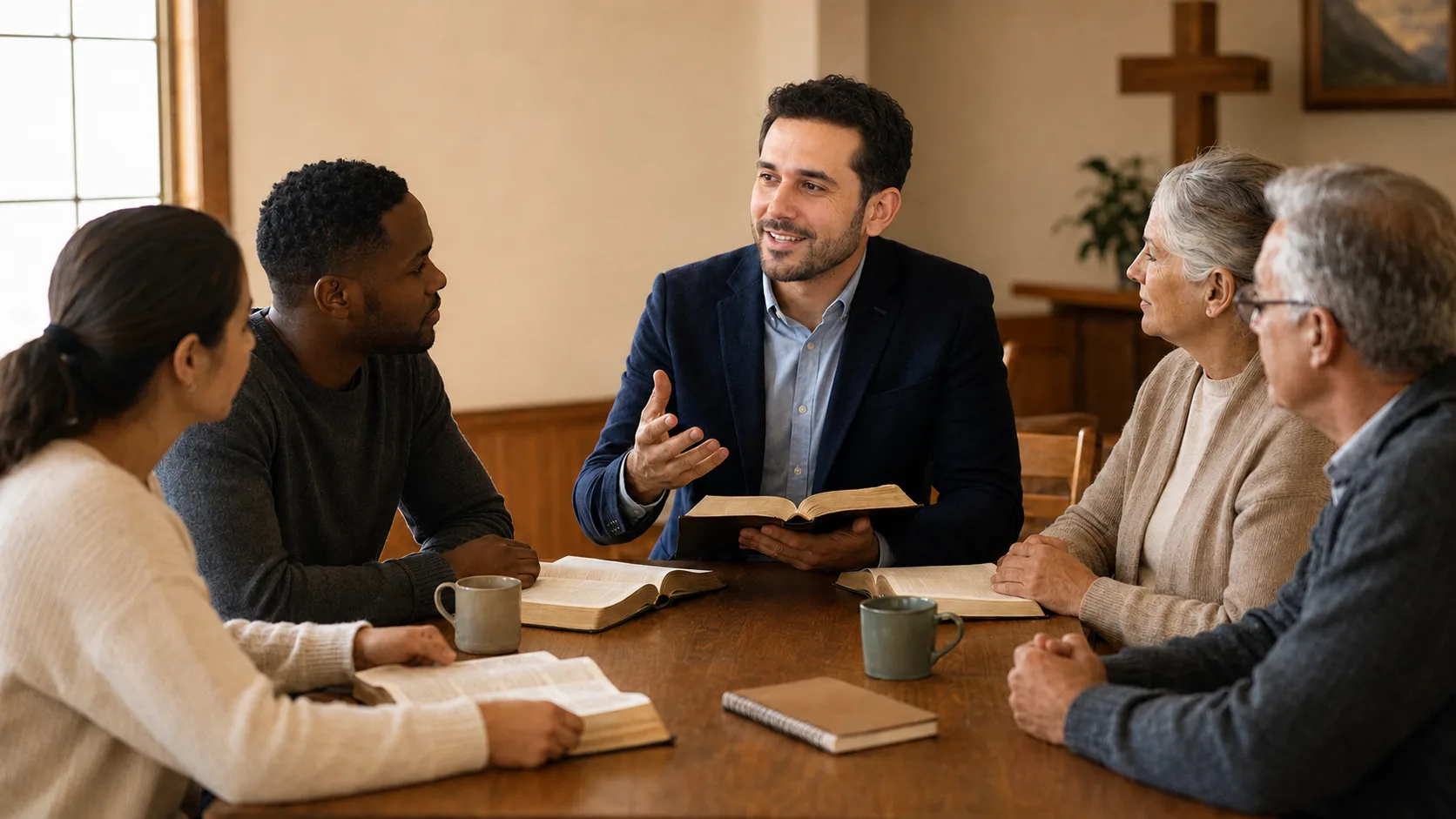 Pastor Myckal Morehouse leading a small group Bible study at a wooden table in a church fellowship room, gathered with five members of diverse ages and backgrounds with open Bibles