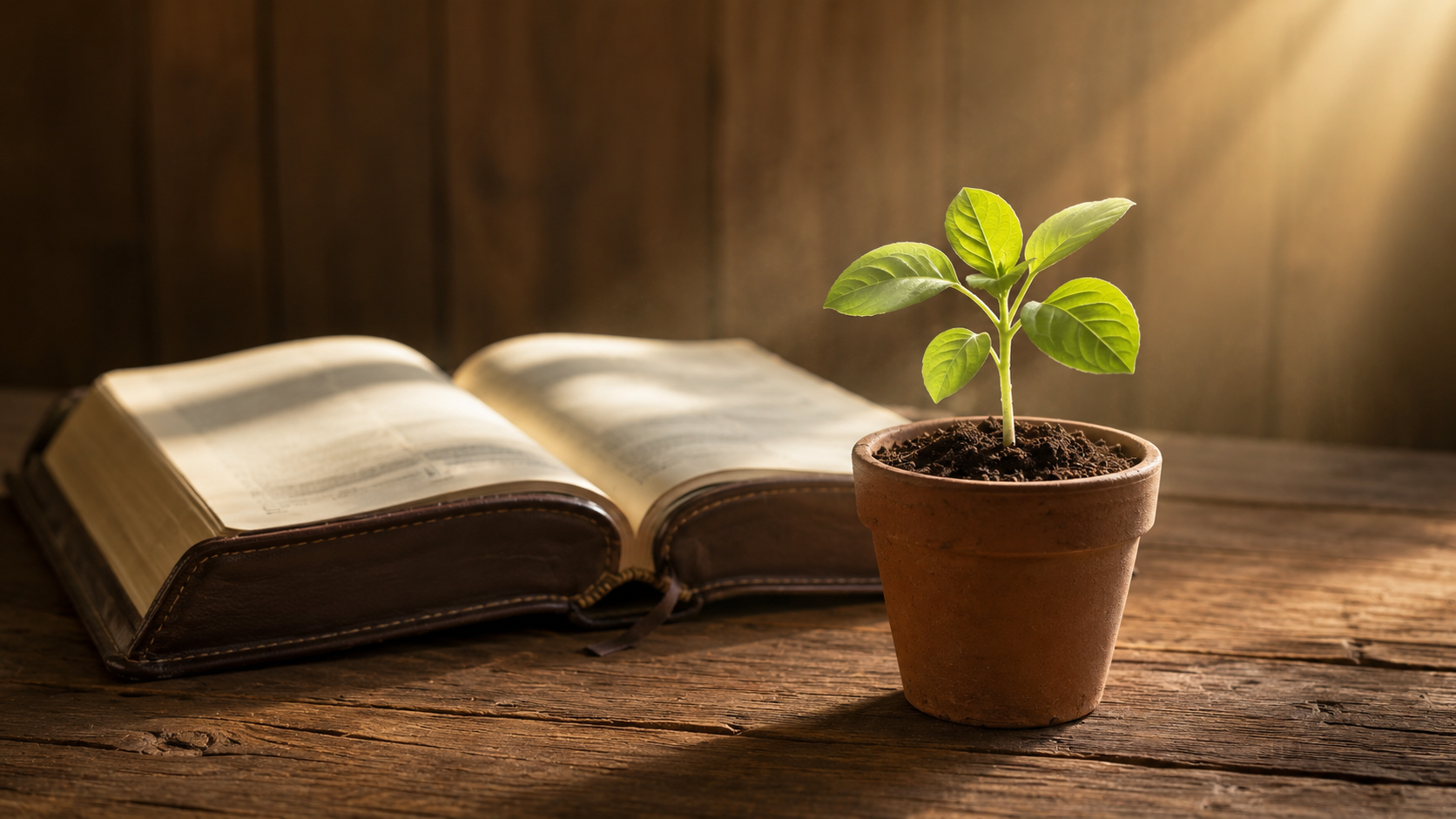 A small mustard seedling growing in a terracotta pot beside an open Bible on a warm wooden table — visual marker for the One Tiny Mustard Seed ministry homepage, evoking the mustard seed parable of growth from Scripture