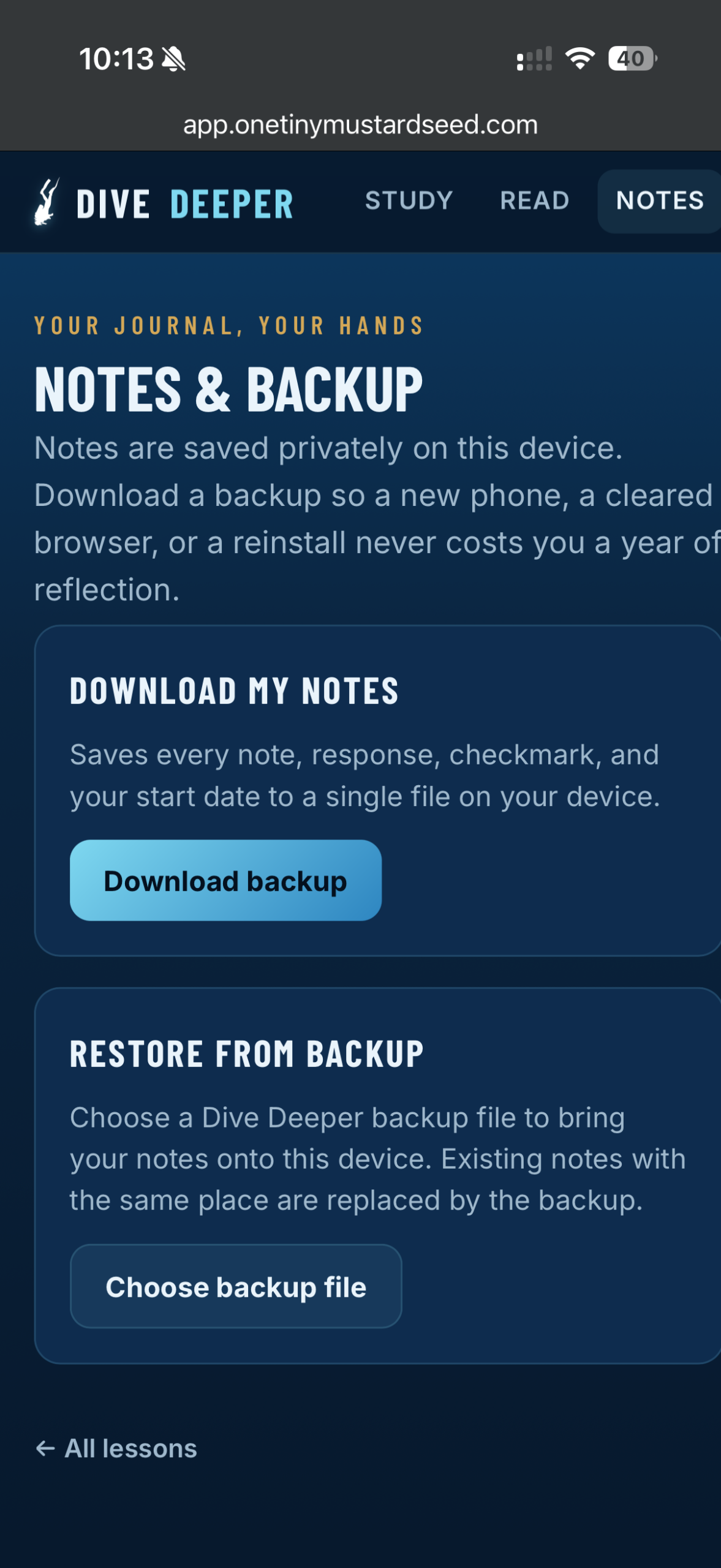 Backing up and downloading your notes