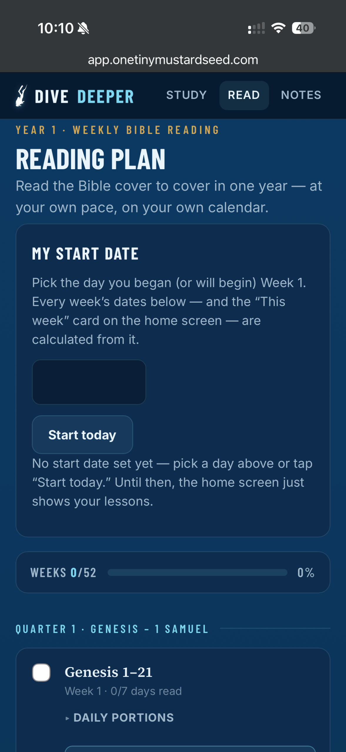 Choosing your start date in the Deeper app