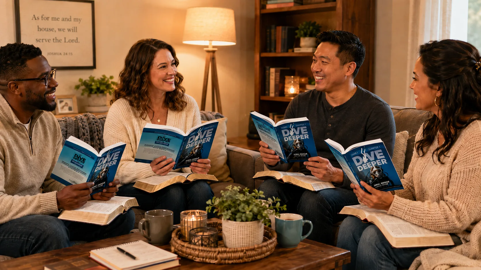 A small group studying the Dive Deeper guide together