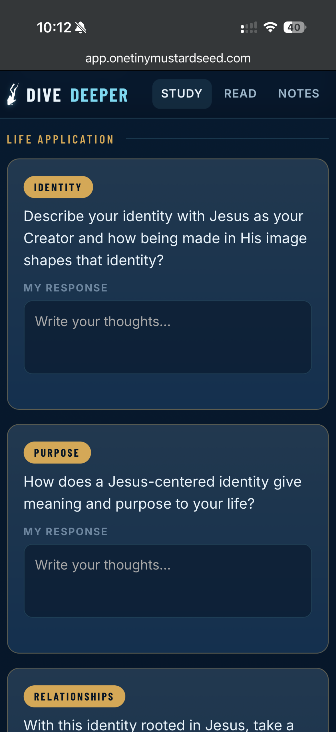 Life application questions in the Deeper app